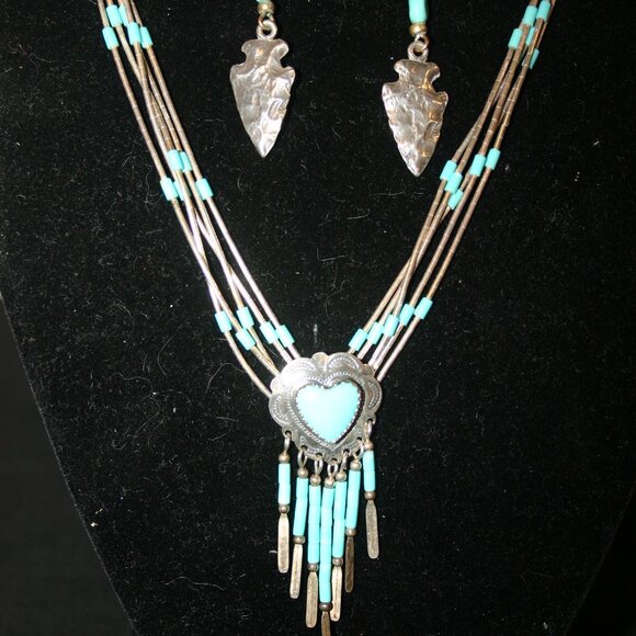 Liquid Silver Beads & Turquoise Southwest Necklace & Earring Set B-188 - Picture 4 of 7
